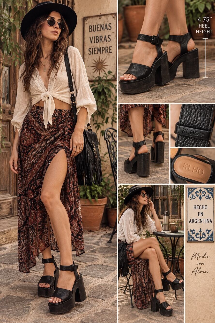 KLHO Karamelho Black Leather Chunky Wooden Platform Sandal 37 US 6.5-7 Argentina